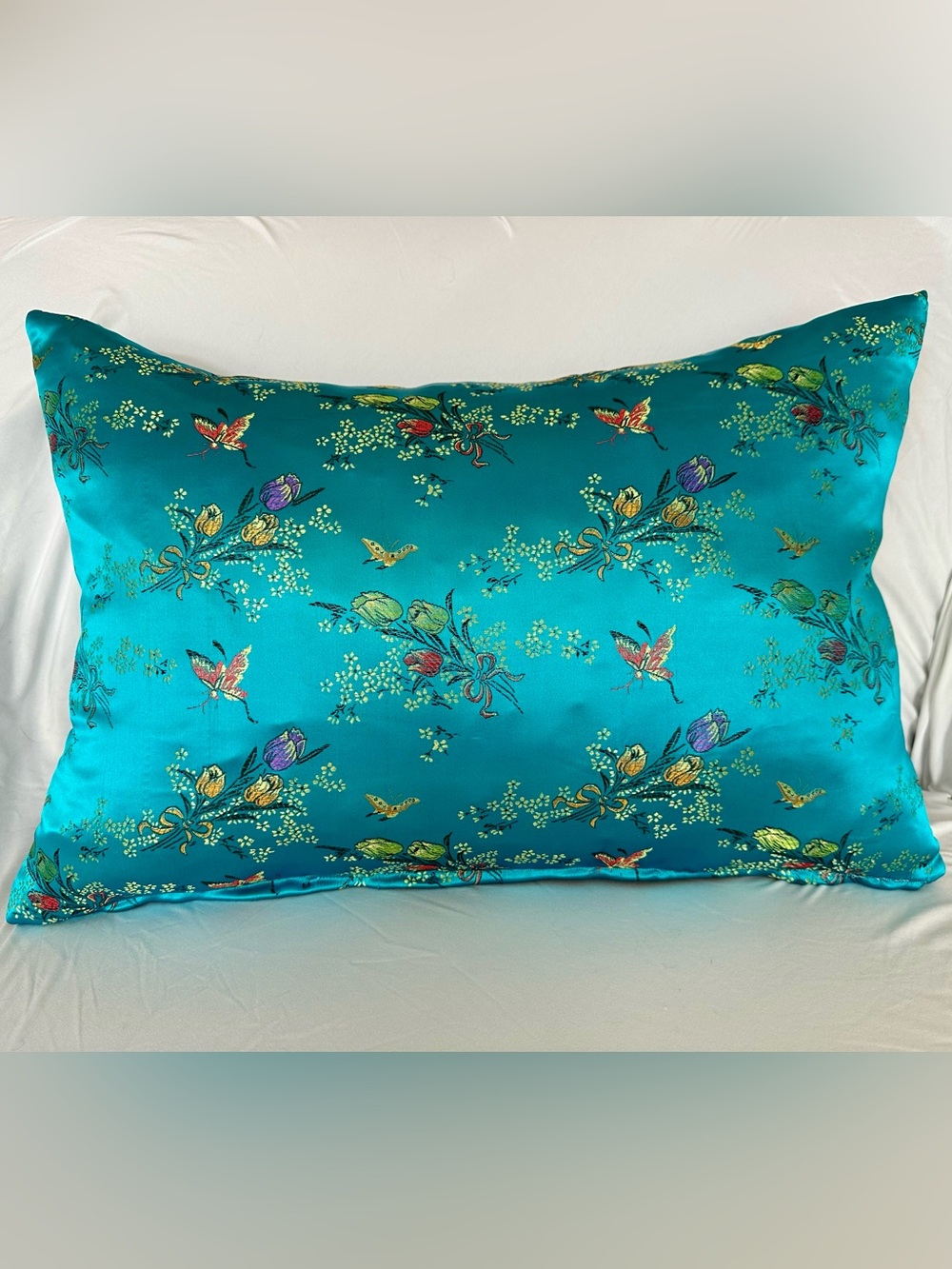 Designer Turquoise Satin Flower & Butterfly Jacquard Accent Pillow 16”x23”